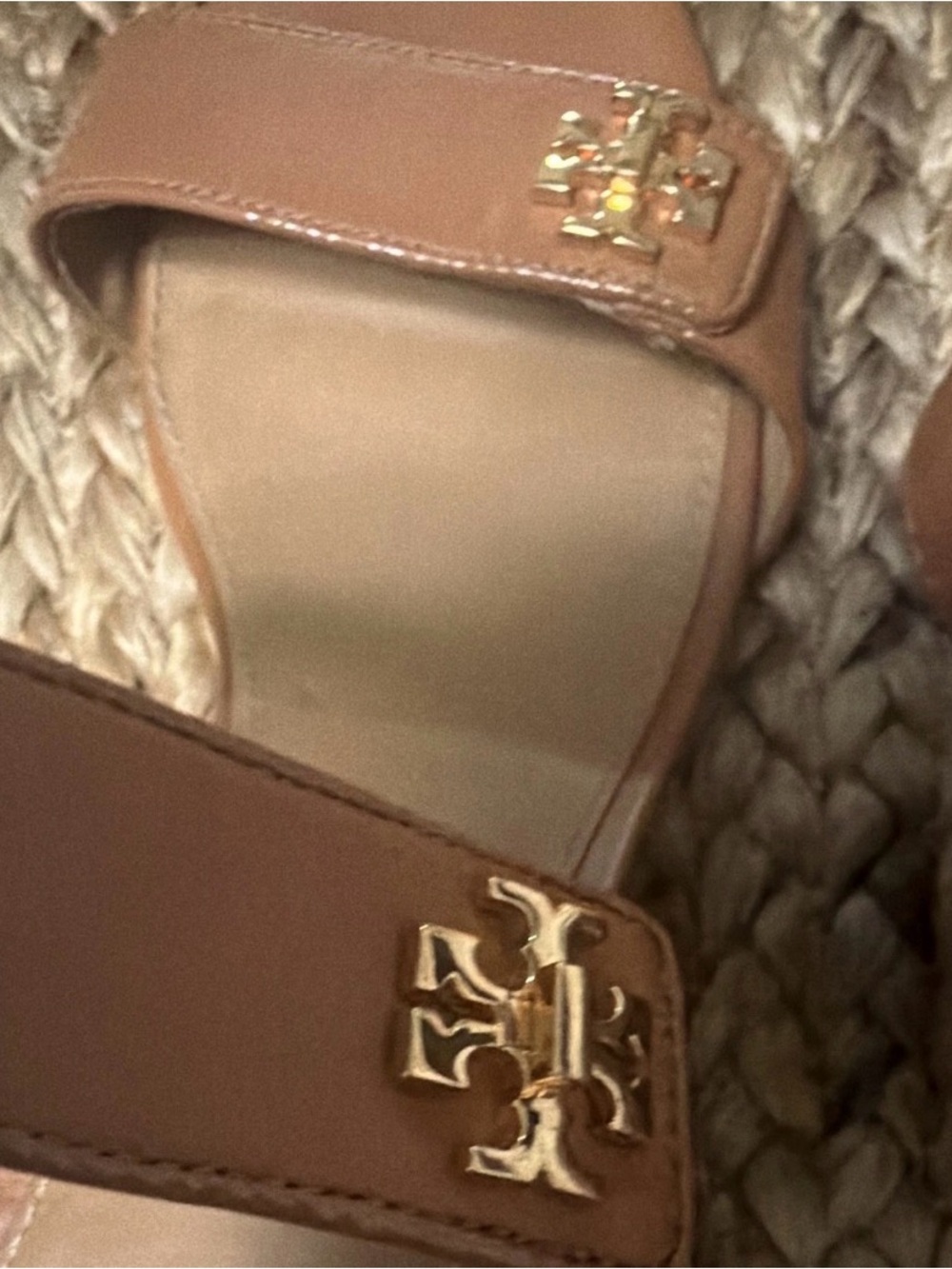 Tory Burch Tan Leather Block Heel Sandals with Gold Logo